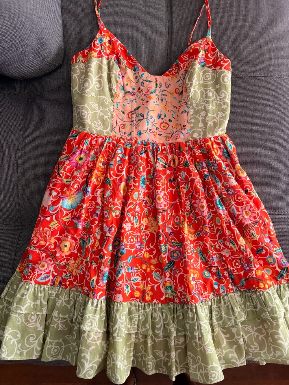 Anthropologie Red Floral Patchwork Mini Dress with Olive Trim